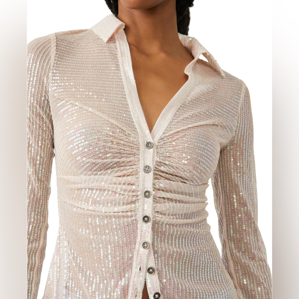 Free People NEW Sequin Button-Up long sleeve Top in Cream white